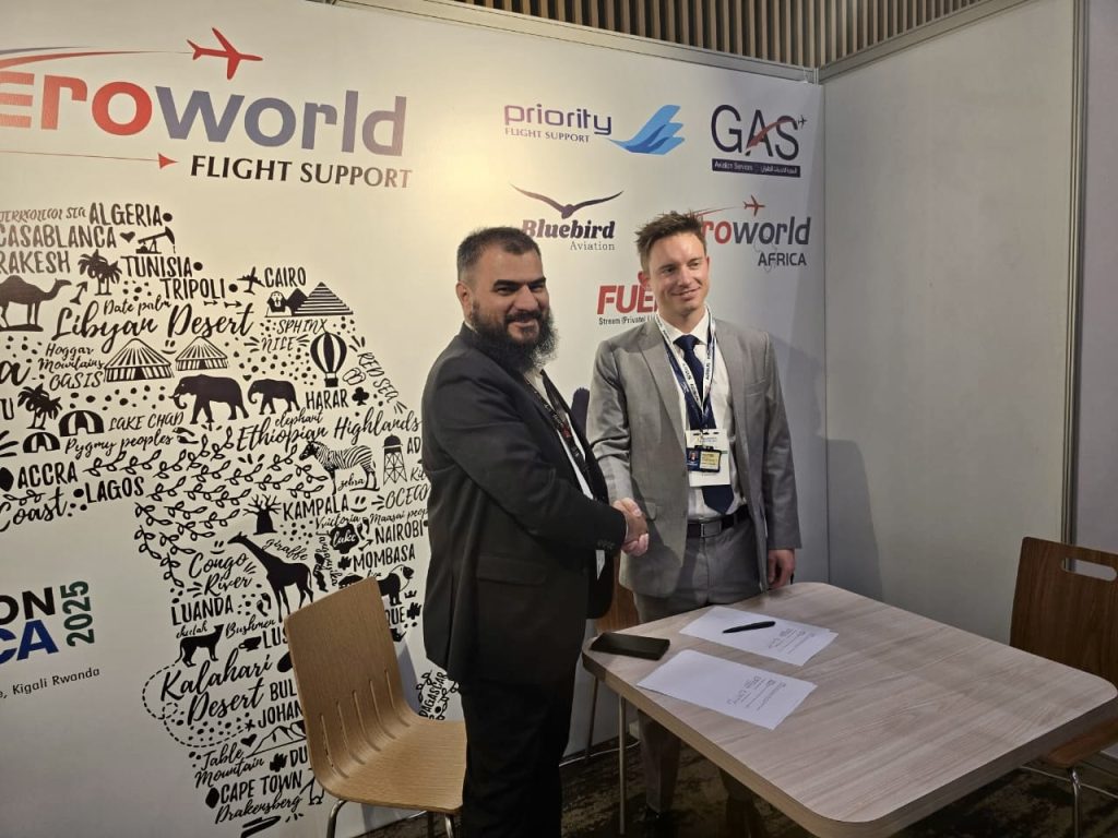 Bluebird Aviation and Aeroworld Flight Support signing an agreement at the African Aviation Summit